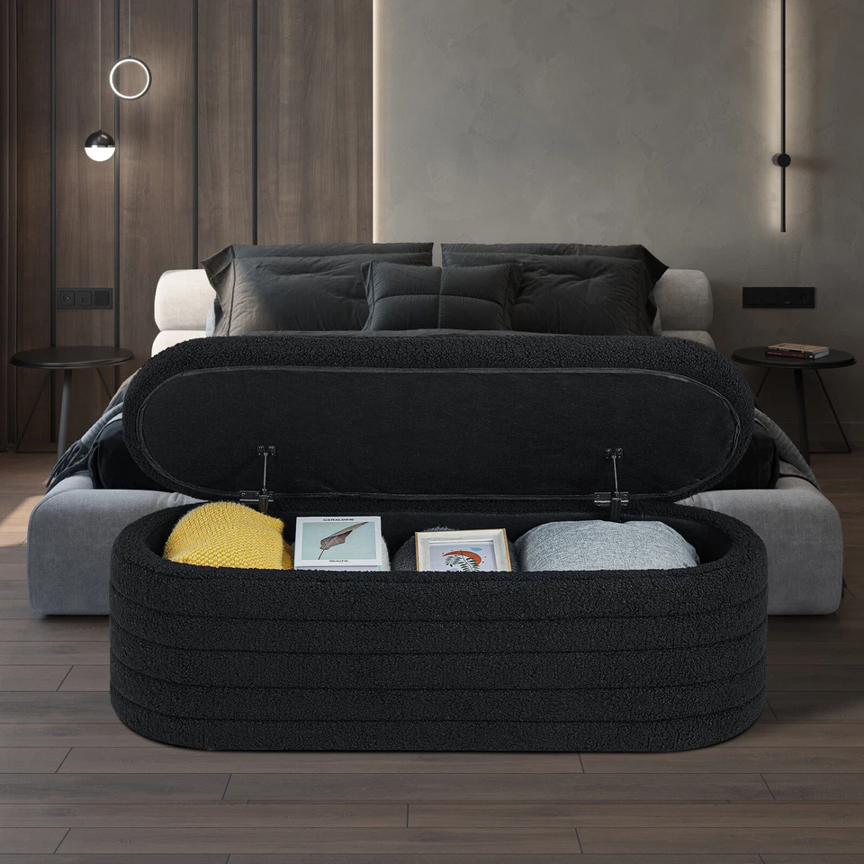 Banco de almacenamiento ovalado tapizado otomano extremo de cama taburete 45,5" terciopelo de peluche negro Foto 4 de 4