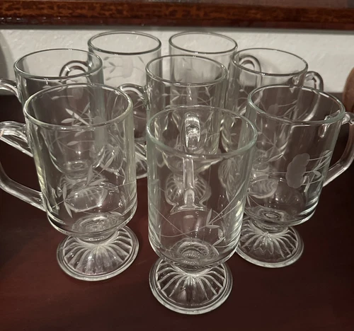 8 Vintage Princess House HERITAGE Irish Coffee Etched Crystal Pedestal Mugs #504