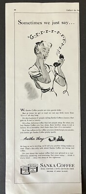 1942 Sanka Coffee Drink It and Sleep Woman Telephone B&W Vintage Print Ad