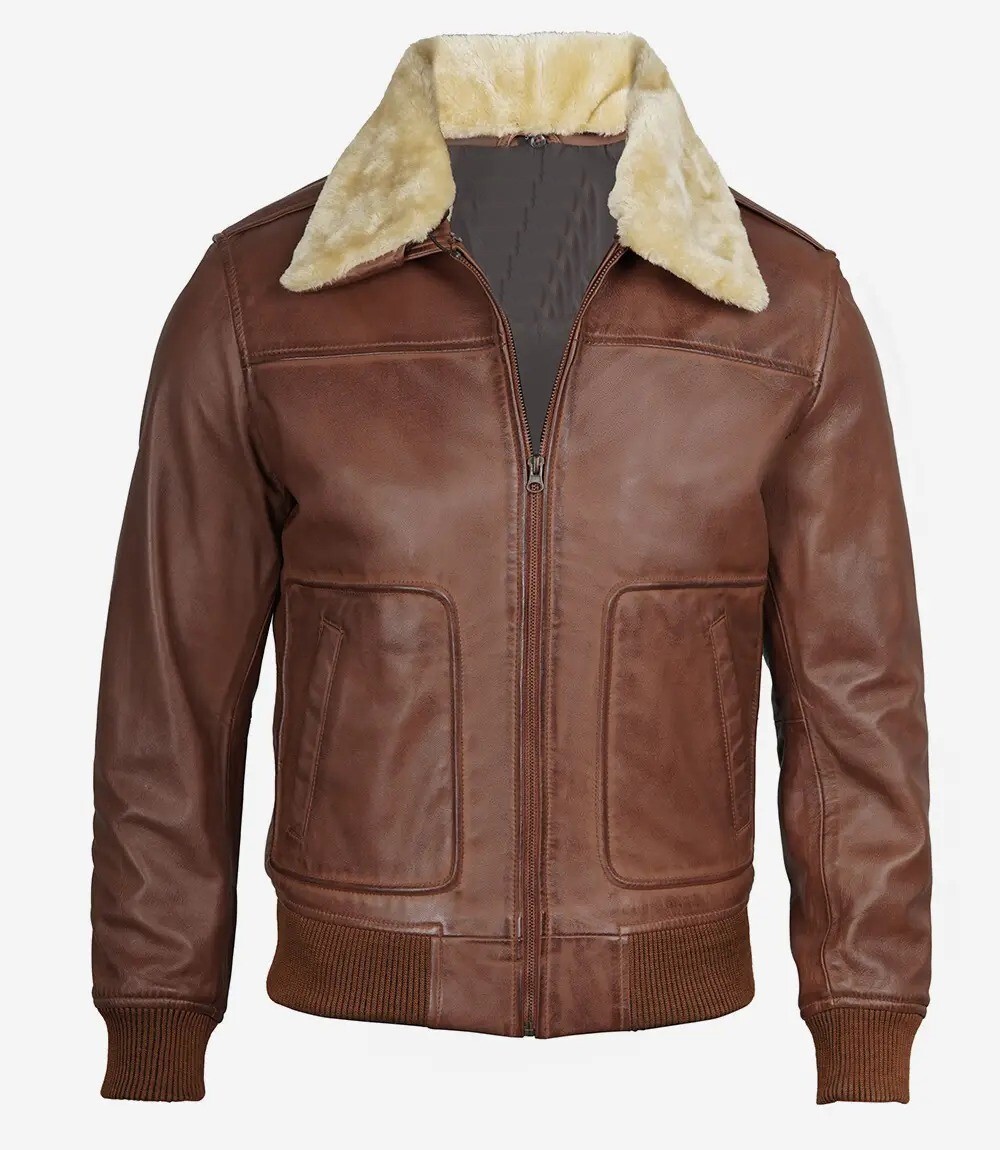Men' Fur Collar Cognac Leather Jacket