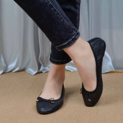 Women's Folding Leather Shoes, Flat Loafers, Pockets, Bow Tie, Round Toe, Ballet