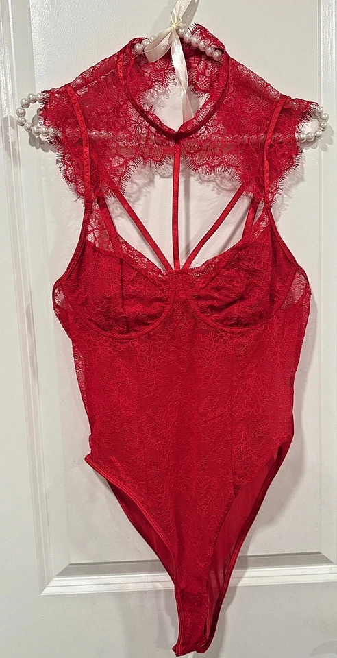 Sexy Red Lace Bodysuit Lingerie Strappy Sheer High Neck One Piece – Size M - Image 3 of 4