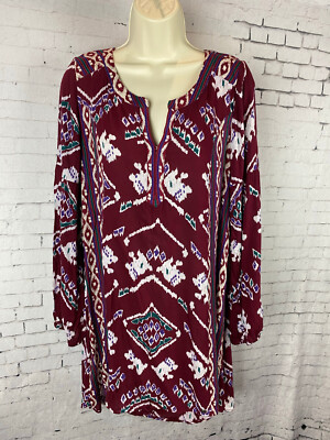 Roxy Tunic Mini Dress Medium Women's Maroon V-Neck Boho Long Sleeve (A52)