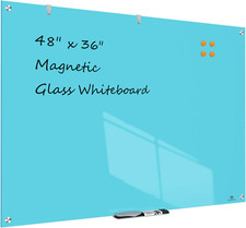 48x36 Inch Frameless Magnetic Glass Dry-Erase Board - Blue, Wall Mounted