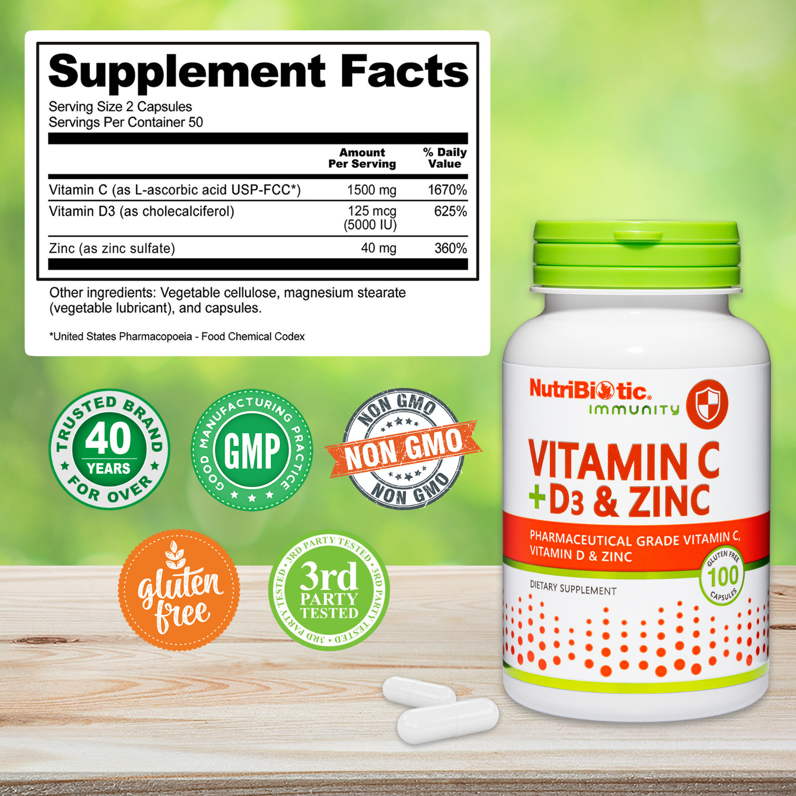 NutriBiotic Vitamin C + Vitamin D3 & Zinc, 100 Capsules