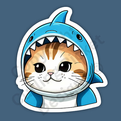 Cat Wearing A Shark Suit Pet Humor Funny Cute Quirky 3'' Vinyl Sticker