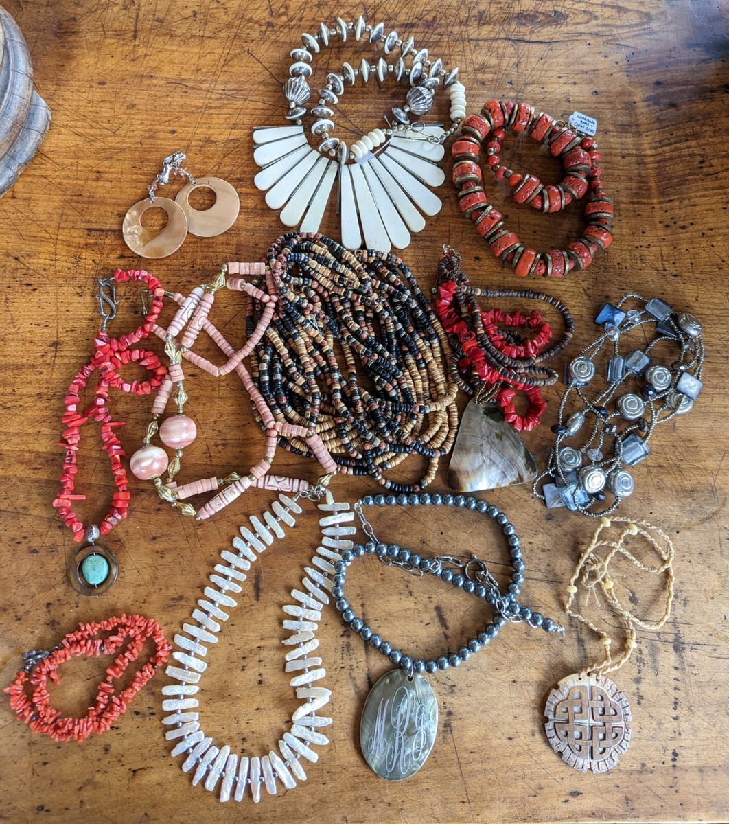 Estate Jewelry Lot Beaded Necklace Earrings Bone Wood Biwa Pearl