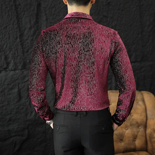 Men's Shiny Velvet Shirts Slim Fit Long Sleeve Fashion Social Shirt Clothing - Picture 3 of 17
