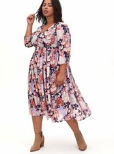 Torrid 0 (0X, size 12) New Navy Floral Swiss Dot Button Down Tea Length Dress