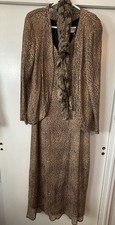 Vtg SL Fashions Evening Jacket Dress 2Pc W/Scarf Set 16 Gold Metallic Wedding
