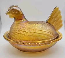 Vintage Indiana Glass Iridescent Gold Hen On Nest Chicken Lidded Dish HON 