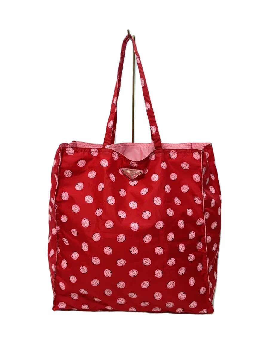 PRADA Red Nylon Tote Bag with Iconic Triangle Logo Plate