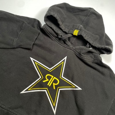 Rockstar Energy Drink Logo Y2K Pullover Hoodie Black Sweatshirt Star Graphic L
