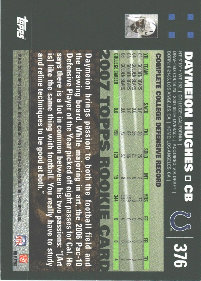 DAYMEION HUGHES 2007 TOPPS #376 RC INDIANAPOLIS COLTS - Image 2 of 3