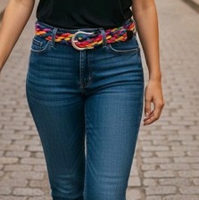 Punk 80s 90s Color Block Weaved Leather Split Belt Leather size M 36