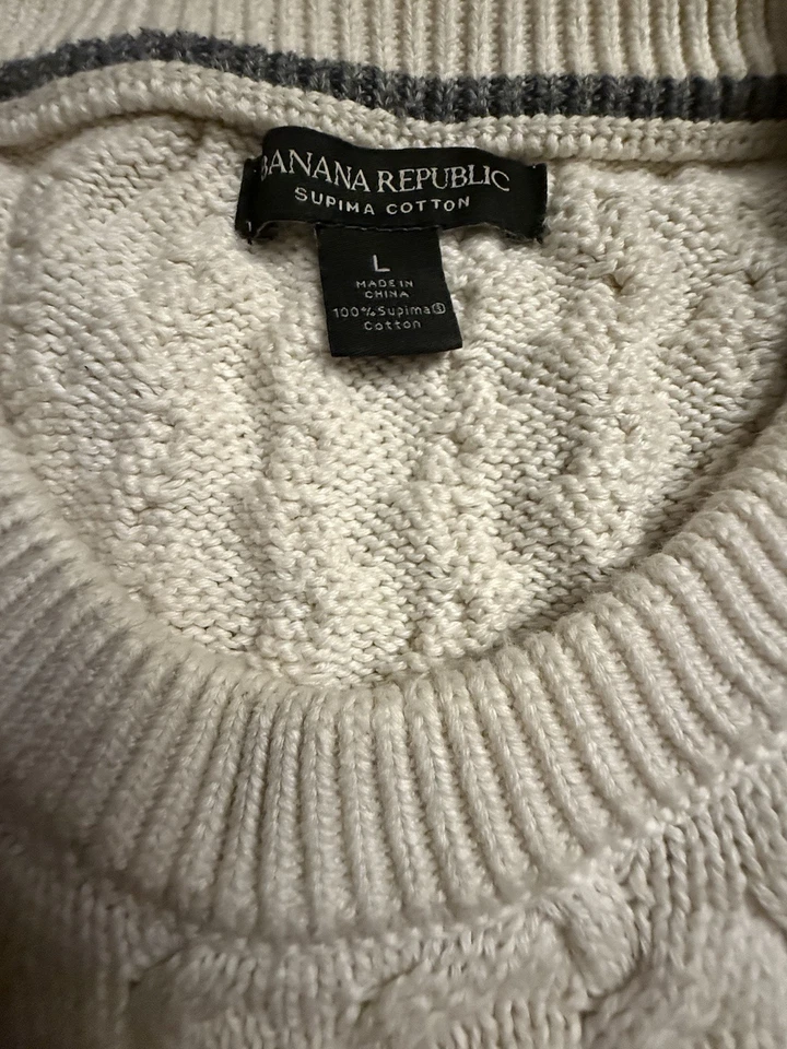 Suéter Banana Republic 100% Algodón Supima Cable Nit Blanco Talla Hombre’s Grande Foto 3 de 4
