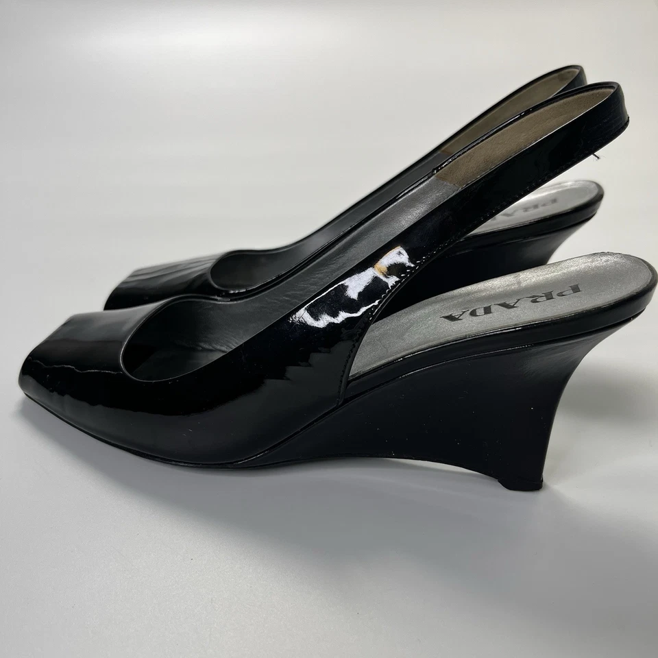 Prada Black Leather Slip Back Wedge Heels Made in Italy - Size 38EU - Image 4 of 4