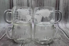 Vintage Nestle Coffee Tea Mugs Cups Etched Glass Globe World Nescafe Set Of 4