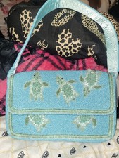 Handmade Beaded Light Blue and Green Fabric Shoulder Bag with Turtle Design