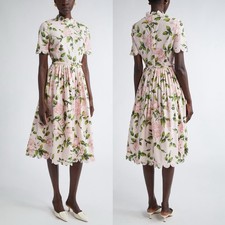 Oscar de la Renta English Rose Print Stretch Cotton Belted Dress Pink 8 NWT