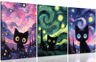 3Pcs Funny Black Cat Canvas Wall Art Starry Night Cute Cat lover Wall Decor P...