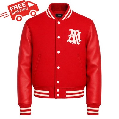 New AMIRI Red Varsity Bomber Jacket Men s Letterman Style AM Patch Logo Baseball