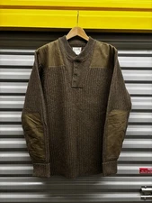 LL Bean Commando Sweater Men L Tall Brown 100% Wool Elbow Patches Henley Buttons