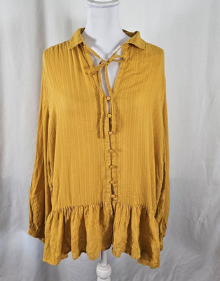Suzanne Betro Womens Blouse Buttons Mustard Yellow Front Neck Tie Rayon 2X