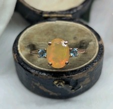 9ct Yellow Opal and Aquamarine 3 stone ring in UK hallmarked yellow gold.