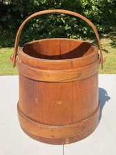 Antique Primitive Firkin Sugar Bucket Drop Handle 9 1/8" H 2 Bands Copper Nails