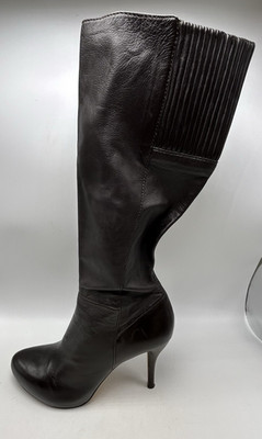 Vintage Max Studio Tall Boots Womens 10 M Brown Leather Heels Y2K Zip 70s 80s