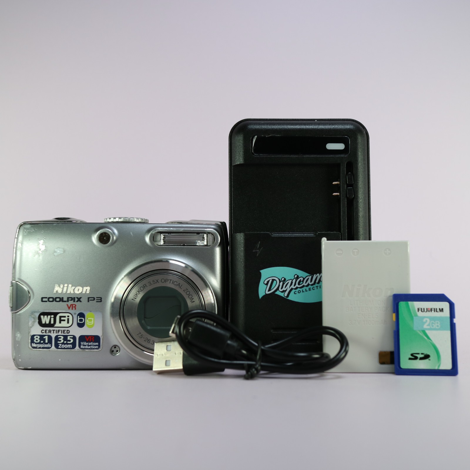 Nikon Digital Camera WiFi Coolpix P3 8.1MP Silver Tested Full Working Set
