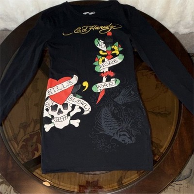 Ed Hardy Black Graphic Print Long Sleeve Crew Neck short dress Women's M