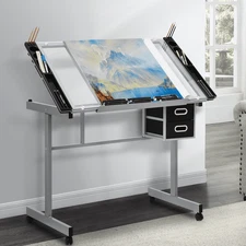 Craft and Drawing Station with Tempered Glass Top, Dual Drawers, and Angle Adjus