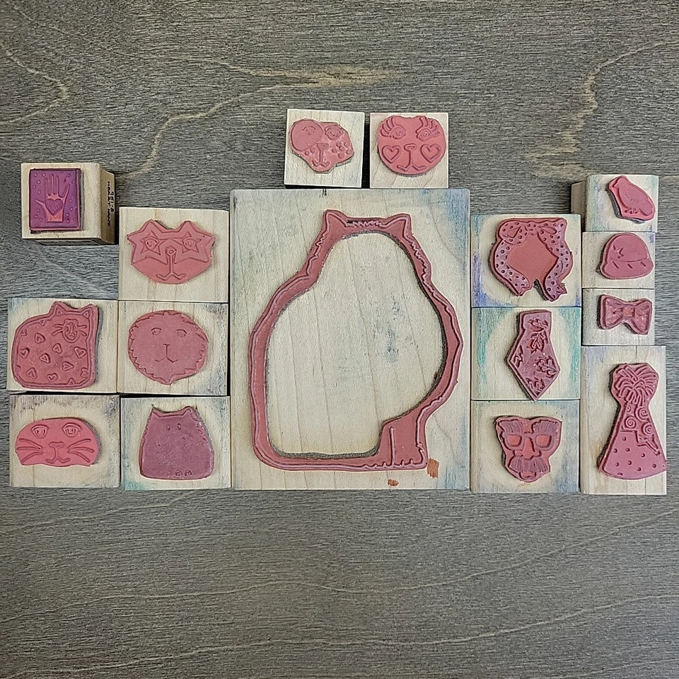 Lote de Sellos de Paula Mejor Gato Contorno Gatos Fiesta Pájaro Mano Lazo Cuello Corbata Madera Foto 4 de 4