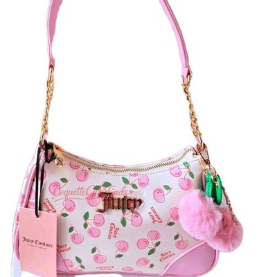 Juicy Couture Cherry Print Shoulder Bag White Pink Zip Gold Charm