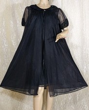 Vintage Black Gorgeous Chiffon Lace Lingerie Dressing Gown Peignoir Nylon Robe