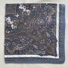 VTG Handkerchief Cotton Blue Damask Paisley Flourish Pattern Pocket Square 17"
