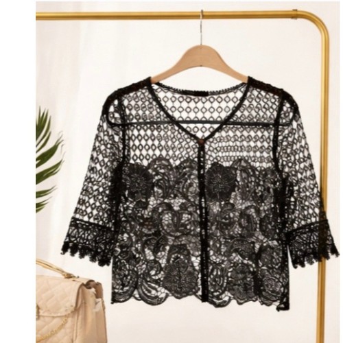 Black Crochet Lace Kimono Cardigan Sheer Boho Floral Open Front Top Lightweight - Afbeelding 1 van 13