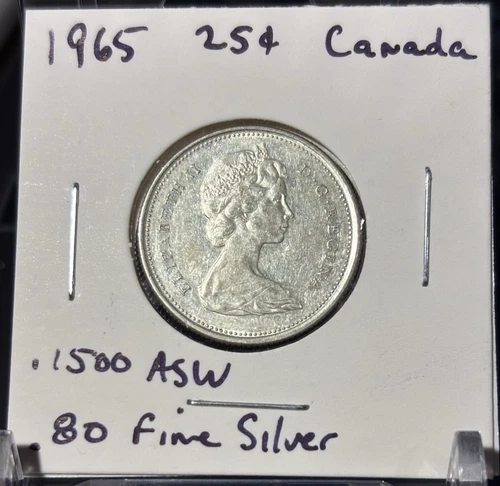 1965 Canada 25 Cents Elizabeth II - .800 Fine Silver - .1500 ASW - KM 62 - Nice