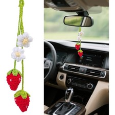 Crochet Strawberry and Flower Car Rear View Mirror Hanging Boho Auto Interior