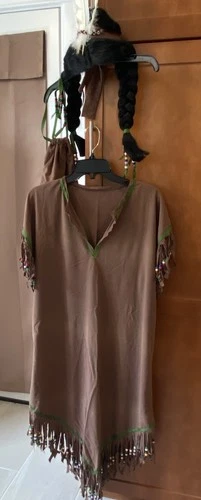 Vtg Handmade Native American Beaded Costume Dress Wig Headpiece Halloween S/M
