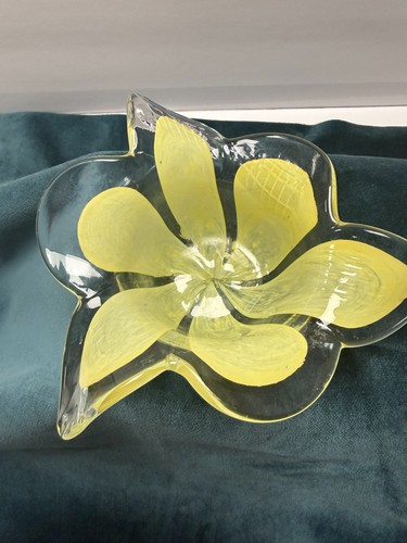 Vintage Art Glass Yellow Flower Dish Clear Petal Bowl Mid Century Floral Decor