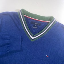 Tommy Hilfiger Mens Premium Cotton V-Neck Sweater Blue Striped Trim Large
