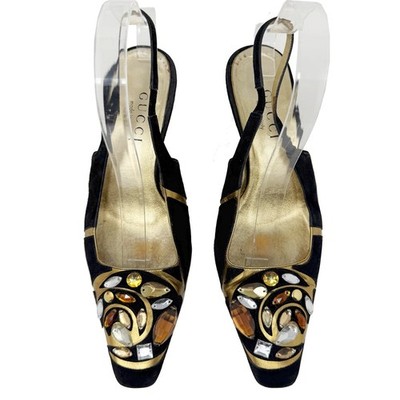 Gucci Black Slingback Kitten Heels Gold Jewel Suede 7B Y2K Tom Ford