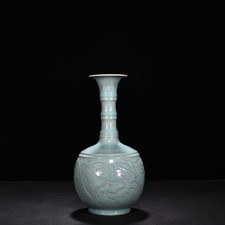 11" China Old Antique Porcelain Song Ru Kiln Marked Sky Cyan Glaze Dragon Vase