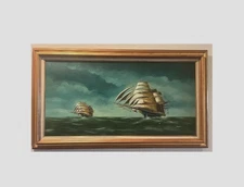 Vintage Nautical Oil PaintingTall Ships Sea Signed Maritime Ocean Frame 55x31