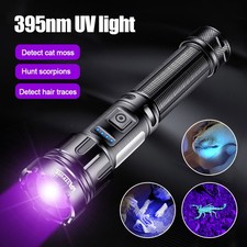 395nm White  UV LED Flashlight Zoom Work Light USB Rechargeable Torch