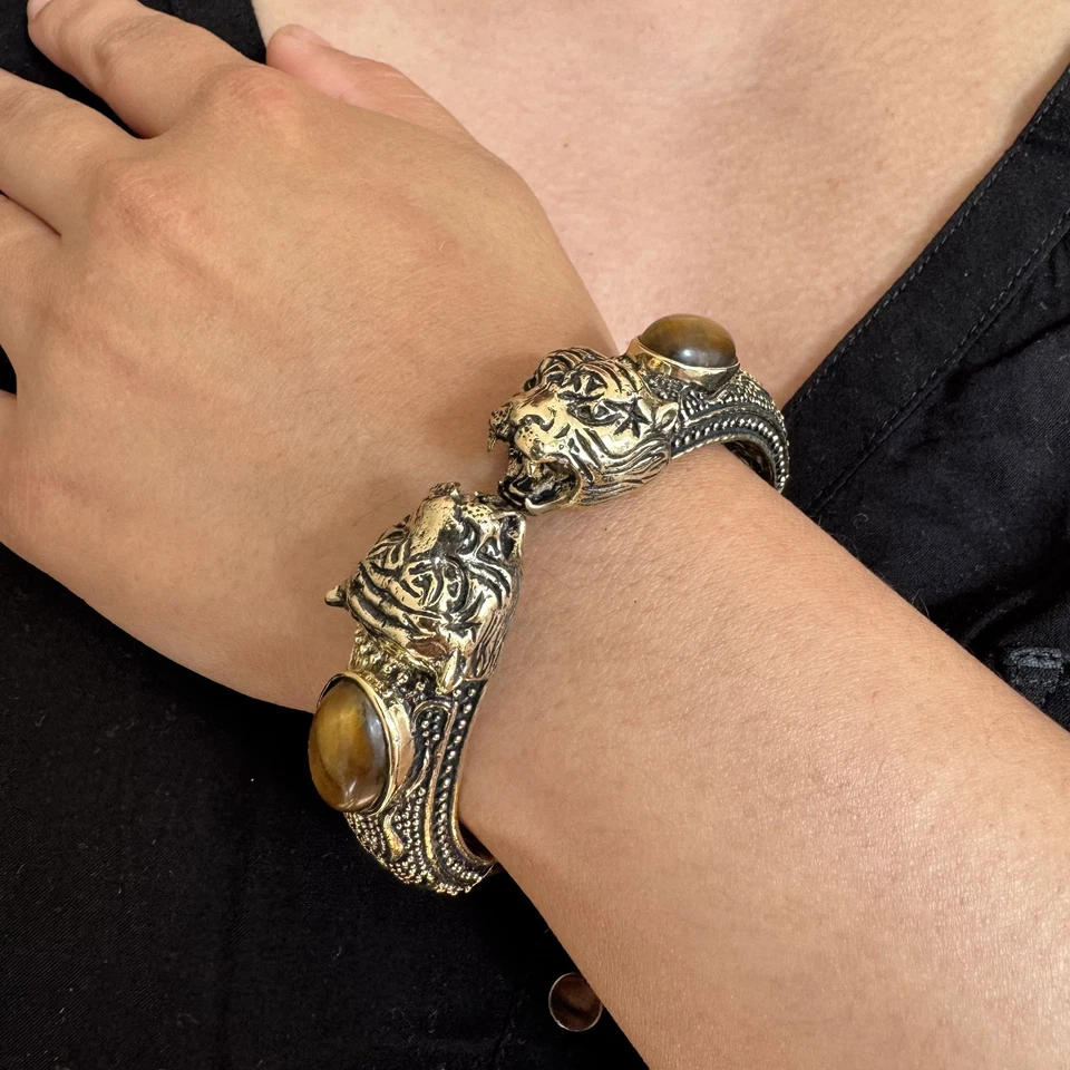 Bracelet Manchette avec Têtes de Tigre Jumelles et Pierres Œil de Tigre - Photo 1/1