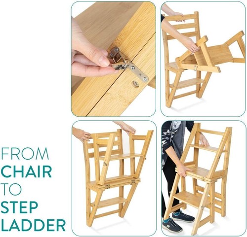 Multipurpose Folding Wooden Library Step Ladder Chair Home Kitchen Office Shop - Picture 4 of 5